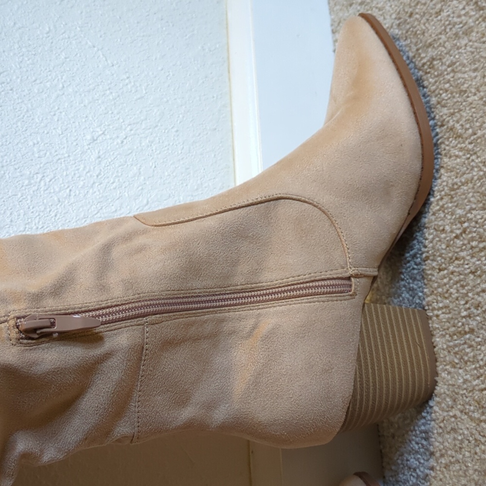 Coutgo Nude Faux Suede Knee High Boots Block Heel Pointed Toe - Picture 4 of 12